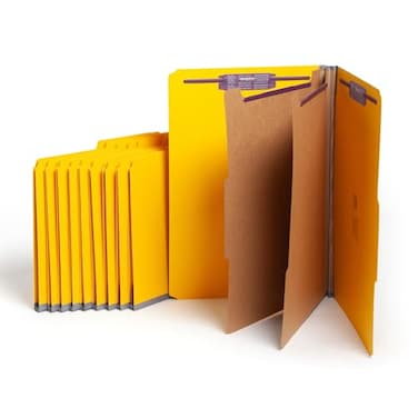 مجلدات ملفات من ورق مقوى مضغوط من سميد، بحجم قانوني، مزودة بمشابك SafeSHIELD، تحتوي على فاصلين وحاملين للأوراق، لون أصفر، 10 مجلدات في العلبة، رقم المنتج 19034