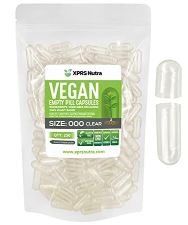 XPRS Nutra Vegan Size 000 Empty Capsules 250 Count Clear Empty Vegan Capsules Vegetarian Pill DIY Vegetable Capsule Filling Veggie Pill Caps Pills