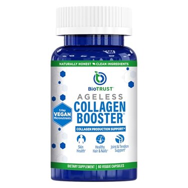 معزز الكولاجين BioTrust Ageless يدعم جمالك من الداخل بقوة. منتج نباتي لبناء الكولاجين لبشرة متألقة، شعر رائع، أظافر جميلة، ومفاصل صحية. 60 كبسولة، 30 حصة.