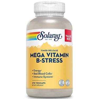 SOLARAY Mega Vitamin BStress Timed Release Vitamin B Complex wVitamin B12 B6 Folic Acid VIT C Stress Energy Red Blood Cell Immune Support Vegan 276 CT