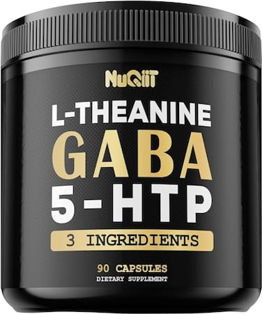 مكملات NUQIIT 3 في 1 GABA، 750 ملغ إل-ثيانين، 200 ملغ 5-هيدروكسي تريبتوفان (ما يعادل 1000 ملغ)، تدعم صحة الدماغ، والتركيز، والمزاج المريح، 90 كبسولة