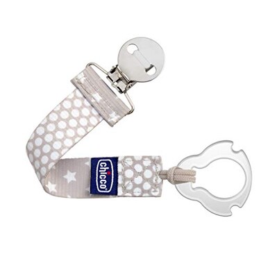 Chicco TwoinOne Pacifier Clip with Loop Ring Attachment Loop for Teethers and Small Toys Ring Included for KnobStyle Pacifiers Secure Clasp is Gentle on Clothing OnePiece Design Grey
