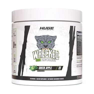 مكمل غذائي Huge Supplements Wrecked Core AllinOne قبل التمرين للرجال والنساء، يزيد الطاقة والتركيز ويعزز ضخ الدم، غني بالسيترولين والبيتا ألانين والتيروسين والمزيد. 30 حصة بنكهة التفاح الأخضر