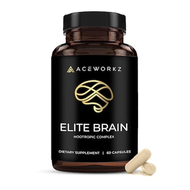 مكمل غذائي ACEWORKZ Elite Brain Nootropic لزيادة التركيز والذاكرة والصفاء الذهني، خالٍ من الكافيين، طاقة طبيعية مع فطر عرف الأسد، إل-ثيانين، وفيتامين ب المركب، 60 كبسولة