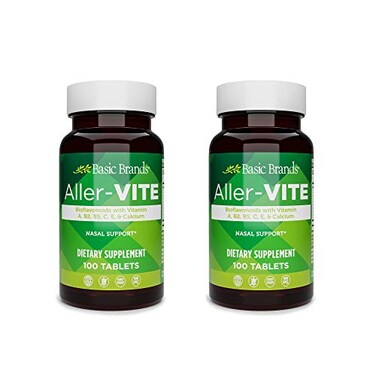 Basic Brands AllerVite Natural Allergy Relief Tablets Homeopathic Sinus Nasal Support with Bioflavonoids Vitamins A B2 B5 C E Calcium 100 Vegan Tablets 2Pack