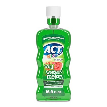 غسول الفم ACT Kids المضاد للتسوس بالفلورايد بنكهة البطيخ البري، 169 أونصة سائلة، كوب قياس دقيق، خالٍ من الكحول
