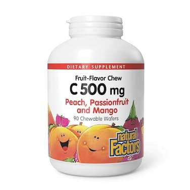 Natural Factors Kids Chewable Vitamin C 500 mg Supports Immune Health Bones Teeth and Gums Peach Passionfruit and Mango 90 Wafers