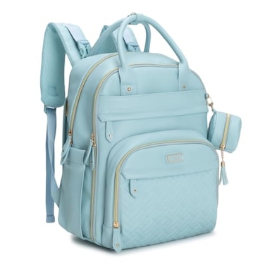 BabbleRoo Leather Diaper Bag Backpack Baby Essentials Travel Baby Bag Multi function Water Resistant with Changing Pad Stroller Straps Pacifier Case Unisex Powder Blue