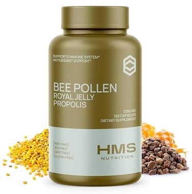 HMS Nutrition Bee Pollen 3250 mg 120 Vegetarian Capsules Bee Pollen Propolis Royal Jelly Blend High Potency Daily Immune Wellness Support NonGMO No Fillers