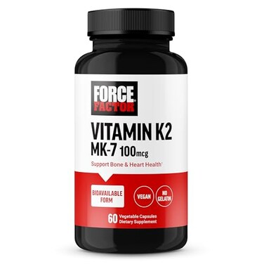 مكمل غذائي لدعم صحة العظام من فورس فاكتور MK7 فيتامين K2 بتركيز 100 ميكروغرام، مناسب للنساء والرجال. يدعم صحة القلب وكثافة العظام وغيرها. تركيبة سهلة الامتصاص. نباتي، غير معدل وراثيًا. 60 كبسولة نباتية.