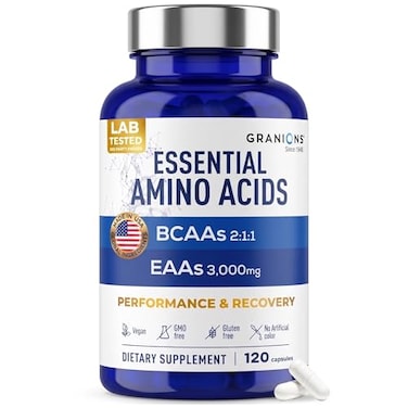 Granions Essential Amino Acids Supplement for Men Women All 9 BCAAs EAA Supplements Leucine Amino Acid Lysine Tryptophan Advanced Amino Complex for Energy Muscle Recovery 120 Vegan BCAA Capsules