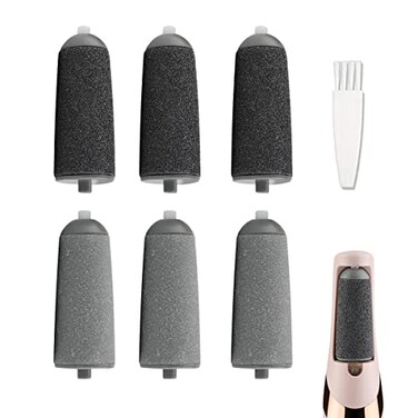 مجموعة من 6 بكرات بديلة من GOMINYUF متوافقة مع مبرد أدوات العناية بالقدمين الكهربائية Finishing Touch Flawless Pedi، تتضمن فرشاة تنظيف. 3 بكرات سوداء خشنة، و3 بكرات رمادية ناعمة.