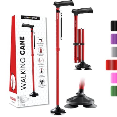 HONEYBULL Walking Cane for Men Women Foldable Adjustable Heavy Duty Free Standing All Terrain Collapsible Walking Sticks for Seniors Adults Red