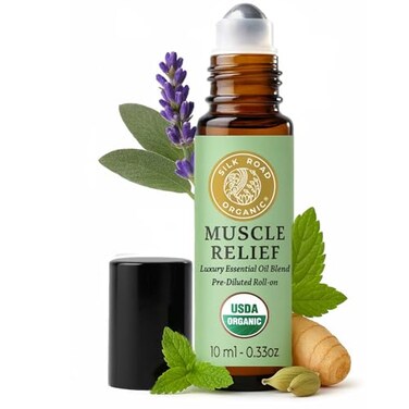 Silk Road Organic Muscle Relief Essential Oil Blend Roll On for Muscle Aches Stiff Joints USDA Certified Aromatherapy with Peppermint Ginger 10 ml Roller