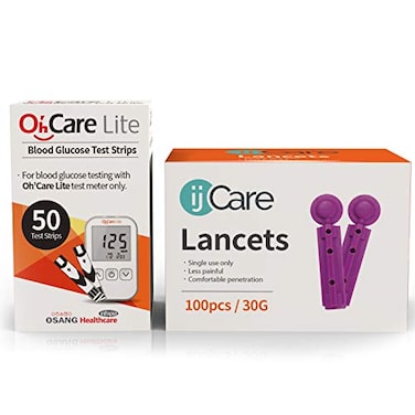 ijCare OhCare Lite Blood Sugar Testing Monitor Glucose Test Strips and Lancets for for Blood Testing Accurate and Affordable Diabetic Supplies 50 Strips 100 Lancets