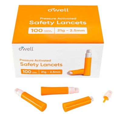 مشارط أمان OWELL، مقاس 21G × 25 مم، 100 حبة، تدفق دم إضافي للبشرة السميكة، معقمة، معبأة مسبقًا، طبية، تعمل بالضغط، لاختبار نسبة الجلوكوز في الدم لمرضى السكري.