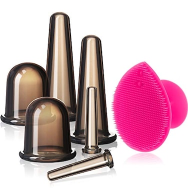 BBTO Silicone Facial Cupping Set Vacuum Massage Cup Kit for Body Face Neck Back and Eye 6 Cups and Exfoliating BrushBlack