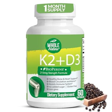 مكمل غذائي من فيتامين K2 وD3 من Whole Nature مع بيوبيرين 5000 وحدة دولية D3 K2 MK7 لدعم صحة العظام والقلب، 60 كبسولة نباتية