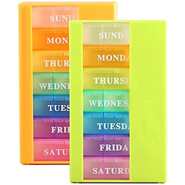 VINI Medicine Organizer with 7 Small Pill Organizers 3 Times a Day Large Stackable Pill Dispenser for Supplement Vitamin Pills GreenOrange