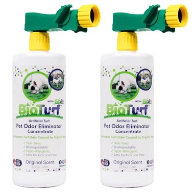 TurFresh BioTurf BioS Turf Cleaner for Pet Urine Outdoor Artificial Turf Cleaner Deodorizer Concentrate Fake Grass Yard Deodorizer for Dog Urine Feces Enzyme Kennel Odor Eliminator 32oz 2pk