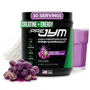 مسحوق JYM Supplement Science Pre JYM Grape Candy Pre Workout Powder للرجال والنساء، يحتوي على أحماض أمينية متفرعة السلسلة (BCAAs)، ومنشطات ذهنية، وكرياتين هيدروكلوريد، وسيترولين، وبيتا ألانين، وبيتين، وتورين، وهوبيرزين، 30 حصة.