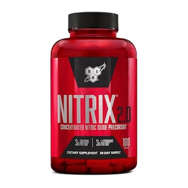 مكمل غذائي للتمارين الرياضية BSN NITRIX 20، يحتوي على 3 غرامات من الكرياتين و3 غرامات من إل-سيترولين، ويدعم أداء التمارين الرياضية، ويعزز ضخ الدم، وتعافي العضلات، والقدرة على التحمل. 180 قرصًا، 60 حصة.