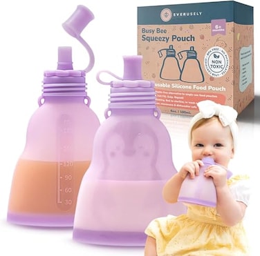 Everusely Reusable Baby Food Pouches for Toddlers 2 Pack 6 oz180 ml Lavender Squeezable Silicone Food Pouch Refillable Leakproof Spill Proof Puree Containers BPA Free Dishwasher Safe