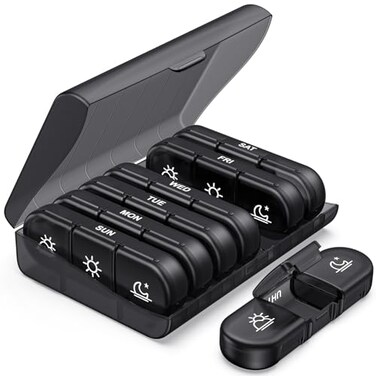 PULIV Weekly Pill Organizer 3 Times a Day Portable Travel Pill Box 7 Day with Large Pill Containers LightProof Pill Case for Vitamins Medication Supplements and Fish Oils Black