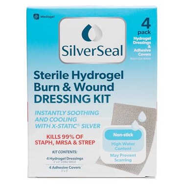 Medagel SilverSeal Hydrogel Burn Wound Dressing Kit with XStatic Silver FDA Cleared Care for Burns Cuts Wounds Soothing Moisture Relief Protection 4 2x3 Hydrogels 4 3x5 Adhesive Pads