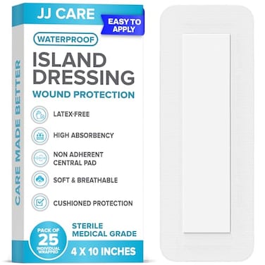 ضمادات جروح لاصقة مقاومة للماء من JJ CARE، عبوة من 25 ضمادة، مقاس 4 × 10 بوصات، ضمادات شاش معقمة ذات حواف، تسمح بمرور الهواء، ضمادات جروح جروح، مغلفة بشكل فردي، ضمادات شاش لاصقة مع وسادة مركزية غير لاصقة.