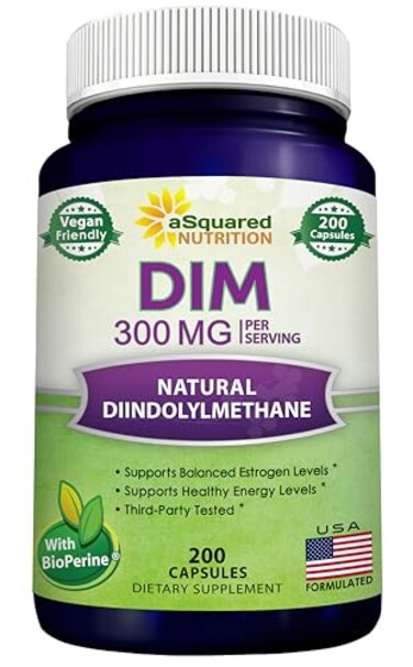 مكمل غذائي من aSquared Nutrition، يحتوي على 300 ملغ من ثنائي إندوليل ميثان (DIM) لكل جرعة، بالإضافة إلى 200 كبسولة نباتية تحتوي على بايوبيرين. كبسولات DIM فائقة القوة لدعم توازن استقلاب الإستروجين، وعلاج انقطاع الطمث، وحب الشباب الهرموني.