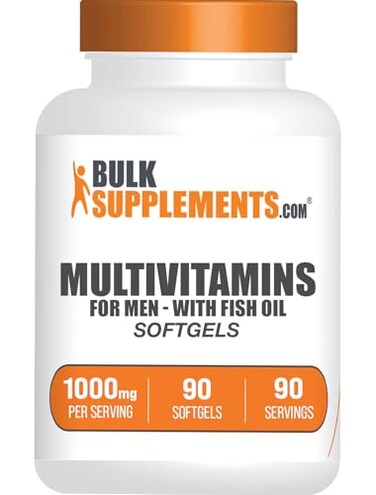 مكمل غذائي متعدد الفيتامينات والمعادن للرجال من BulkSupplements.com، كبسولات جيلاتينية، مكمل غذائي يومي متعدد الفيتامينات والمعادن مع زيت السمك، خالٍ من الغلوتين، كبسولة واحدة لكل حصة، عبوة من 90 كبسولة.