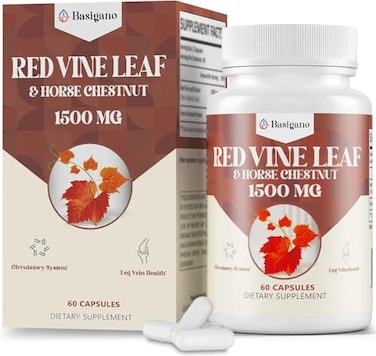 Basigano Red Vine Leaf Horse Chestnut Extract Capsule Supplements Vitis Vinifera 1500mg Premium Extract for Healthy Veins Circulation Heart Skin 1 Pack