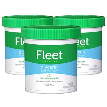 Fleet Glycerin Suppositories for Constipation Relief Fast and Effective StimulantFree Laxative with Aloe Vera 50 Count Jar Pack of 3