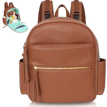 MOMINSIDE Small Diaper Bag Backpack Mini Diaper Bag with 11 Pockets Leather diaper backpack Baby Diaper Bag for Baby Girls 2 Insulated Pockets Stroller Straps Brown