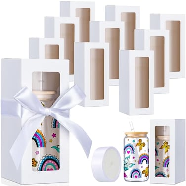 Honoson 24 Pcs Tumbler Gift Box with Ribbon for Sublimation Glass Exhibition Boxes Transparent for 12oz 16oz 20oz Drinking Cup Glasses Jars Mug Can Blanks White