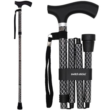 عصا مشي قابلة للطي والتعديل من 32 إلى 37 بوصة، مناسبة للرجال والنساء، ومؤهلة لبرامج FSA وHSA، ومزينة بنقوش أنيقة.