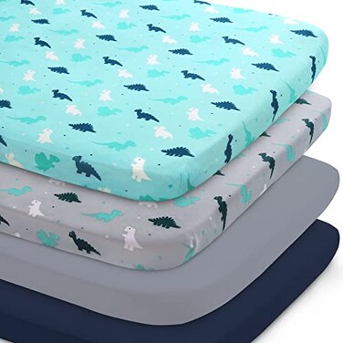 SPRINGSPIRIT Mini Crib Sheets Set 4 Pack Portable Sheets 38 X 24 Multiuse for Pack n Play Playard Playpen Crib Dinosaurs