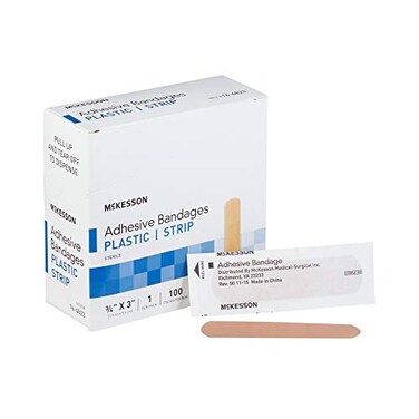 McKesson Adhesive Bandages Sterile Plastic Strip Rectangle Tan 34 in x 3 in 100 Count 1 Pack
