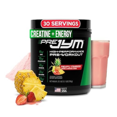 مسحوق ما قبل التمرين بنكهة الأناناس والفراولة من JYM Supplement Science للرجال والنساء، يحتوي على أحماض أمينية متفرعة السلسلة (BCAAs) ومنشطات ذهنية، كرياتين هيدروكلوريد، سيترولين، بيتا ألانين، بيتايين، تورين، هوبيرزين، 30 حصة