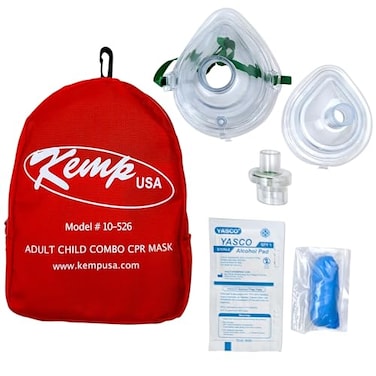 Kemp USA First Aid CPR Mask Combo Kit Adult and Infant Rescue Breathing Barrier with Protective Gloves Cleansing Wipe Portable Soft Case Emergency Response Safety Set 10 Pack