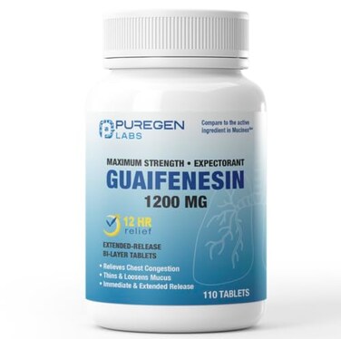 P Puregen Labs Mucus Relief 12 Hour Extended Release Guaifenesin 1200mg Maximum Strength Value Size 110 Count Chest Congestion Expectorant Tablets