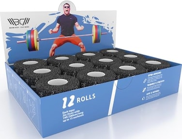 WARMED BOD CARD MIND 185 شريط لاصق للإبهام لرفع الأثقال، شريط لاصق بمقبض خطافي لرفع الأثقال والتدريب المتقاطع، شريط لاصق للتمارين الرياضية، شريط لاصق لرفع الأثقال، شريط لاصق رياضي للأصابع، أسود، فوكس، 12 لفة