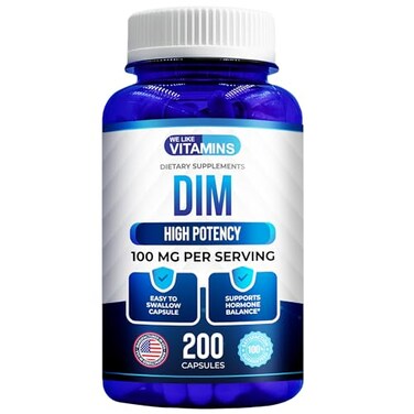 مكمل غذائي من ثنائي إندوليل ميثان (DIM) بتركيز 100 ملغ، عبوة تحتوي على 200 كبسولة تكفي لمدة 200 يوم، لدعم مستويات هرمون الإستروجين والهرمونات الصحية.
