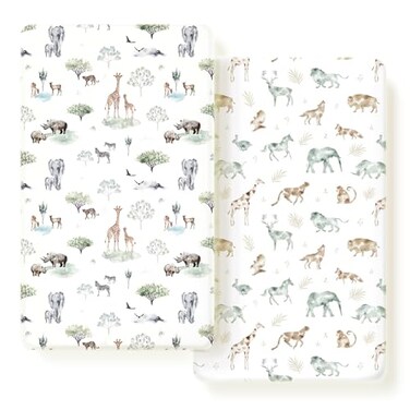 GRSSDER Stretch Ultra Soft Jersey Knit Fitted Crib Sheets Set 2 PackFit All Standard Crib Mattress Pads Safe and Snug Crib Fitted Sheet for Baby Stylish African Savannah Animals Pattern