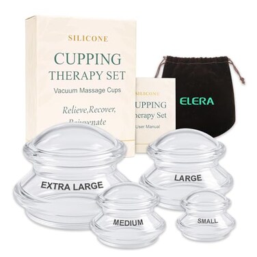 ELERA Silicone Cupping Therapy Set Transparent Massage Cups in 4 Sizes XL L M S for Body Relaxation Cellulite Home Wellness Gourd Shape 4Pack