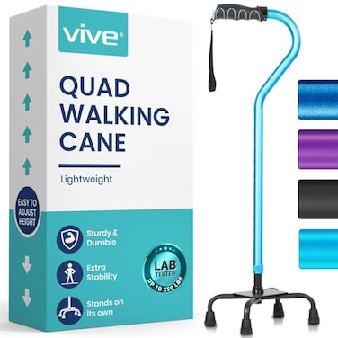 Vive Quad Cane Walking Stick for Men and Women Lightweight Adjustable Staff Comfortable Right and Left Hand Grip for Stability Support Four Prong Sturdy Aluminum Travel Aid 4 Tip Blue