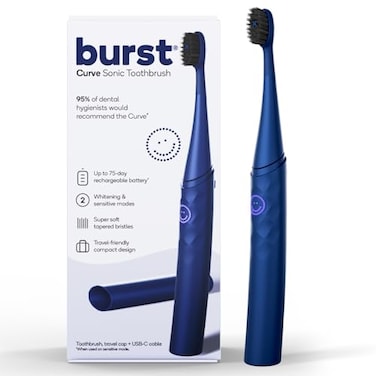 فرشاة أسنان كهربائية سونيك Burst Curve للبالغين، لون أزرق كوبالت، فرشاة سفر رفيعة مع غطاء، شعيرات فائقة النعومة، بطارية قابلة للشحن تدوم حتى شهرين، مؤقت ثنائي الوضع