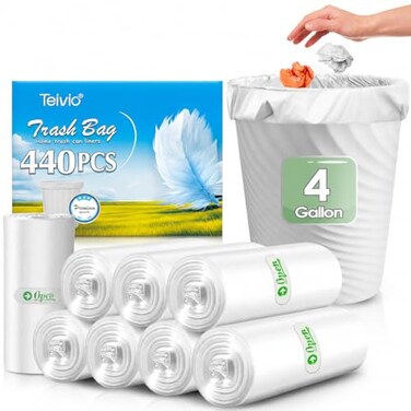 Teivio 4 Gallon 440 Counts Small Clear Trash Bags Garbage Bags by Bathroom Trash Can Bin Liners Small Plastic Bags for home office kitchen Clear