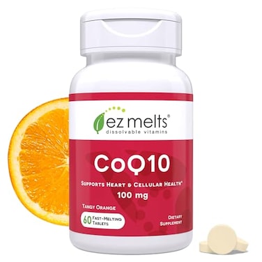 مكمل غذائي EZ Melts Coq10 المضاد للأكسدة لدعم صحة القلب والمناعة والطاقة، خالٍ من النكهات الاصطناعية، غير معدل وراثيًا، نباتي، بنكهة البرتقال المنعشة، 60 قرصًا قابلاً للذوبان، 60 حصة